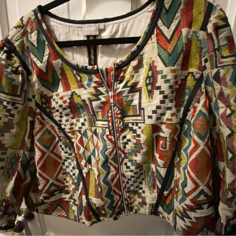 eshakti Multicolor Tribal Zip-Front Blazer - Cream, Red, Green, Blue